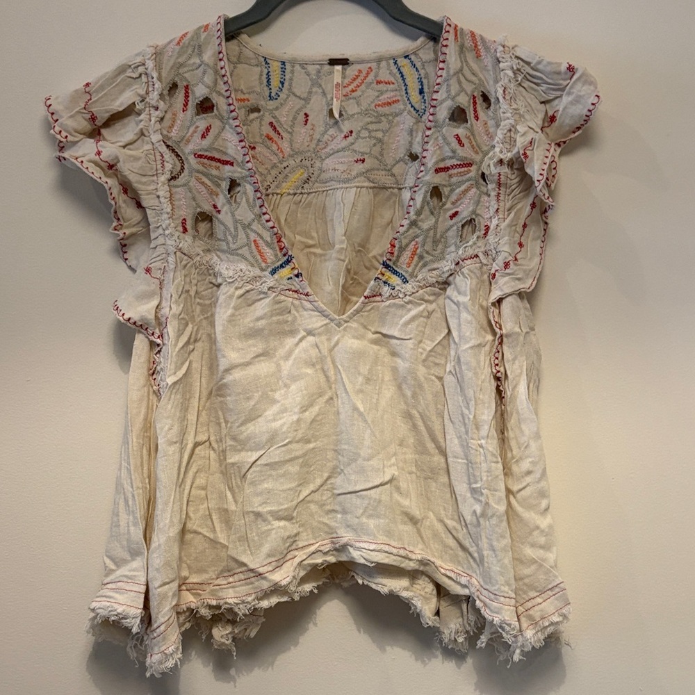 Free People Cream Embroidered Blouse